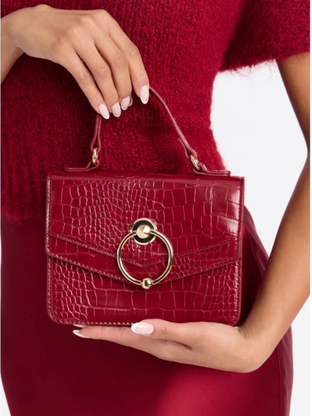 Women’s Red Croc-Embossed Top-Handle Bag with Gold Ring Accent